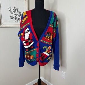 Vintage90s Santa Knit Cardigan Sweater Grandma Santa Nutcracker Multi Color Sz M